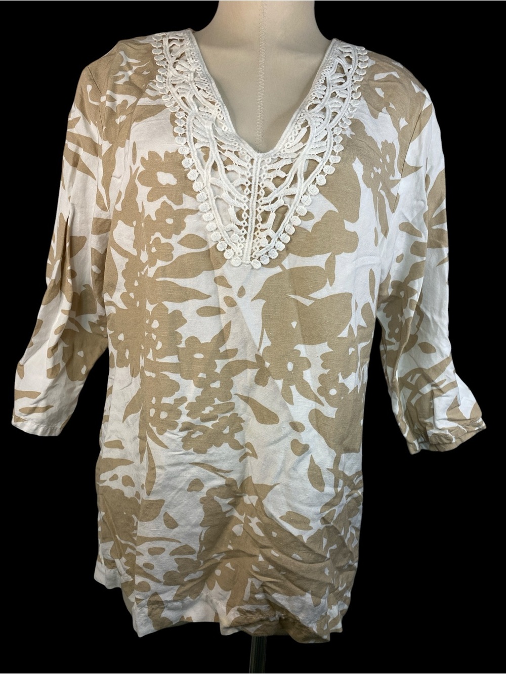 Premise Cream & Tan Floral Linen Blend Crochet V-Neck Tunic Women’s XL